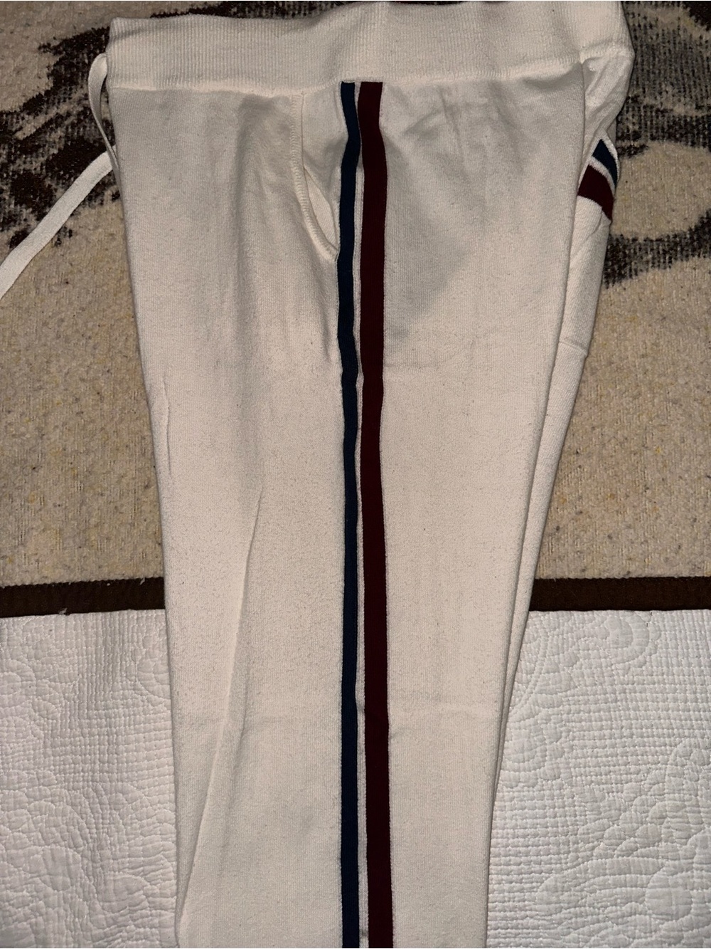 Faherty Cream Sweater knit Track Pants with Navy and Burgundy Side Stripes